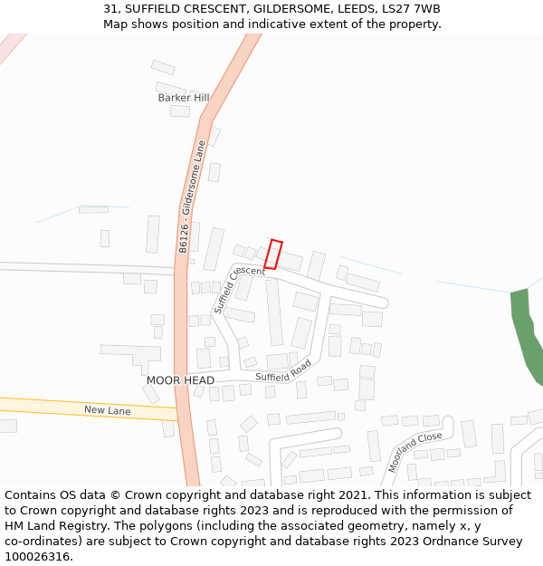 31, SUFFIELD CRESCENT, GILDERSOME, LEEDS, LS27 7WB: Location map and indicative extent of plot