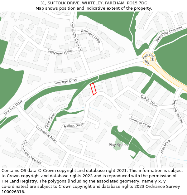 31, SUFFOLK DRIVE, WHITELEY, FAREHAM, PO15 7DG: Location map and indicative extent of plot