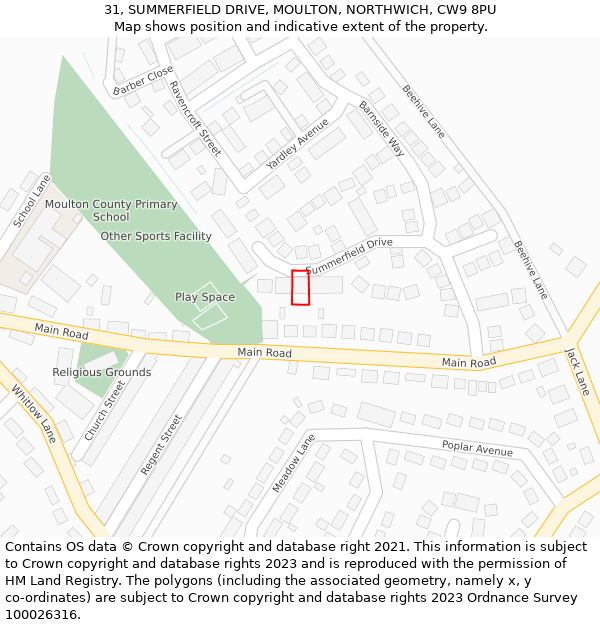 31, SUMMERFIELD DRIVE, MOULTON, NORTHWICH, CW9 8PU: Location map and indicative extent of plot