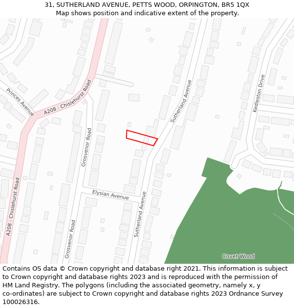 31, SUTHERLAND AVENUE, PETTS WOOD, ORPINGTON, BR5 1QX: Location map and indicative extent of plot