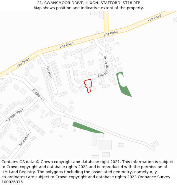31, SWANSMOOR DRIVE, HIXON, STAFFORD, ST18 0FP: Location map and indicative extent of plot