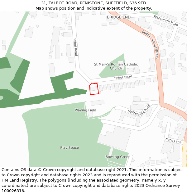 31, TALBOT ROAD, PENISTONE, SHEFFIELD, S36 9ED: Location map and indicative extent of plot