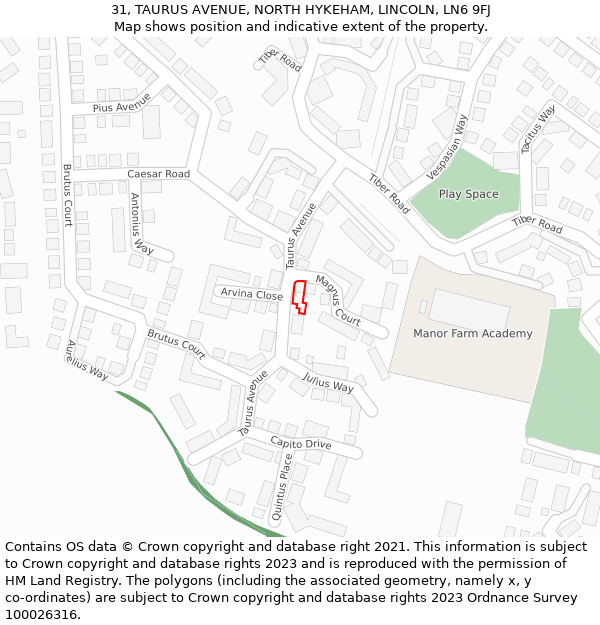 31, TAURUS AVENUE, NORTH HYKEHAM, LINCOLN, LN6 9FJ: Location map and indicative extent of plot