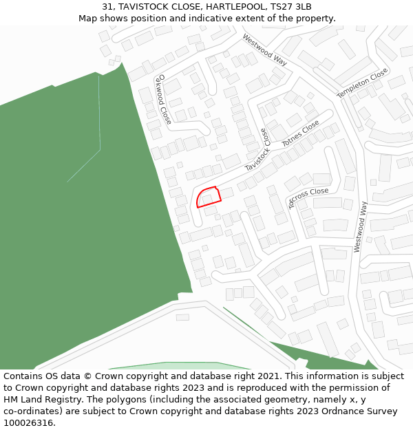 31, TAVISTOCK CLOSE, HARTLEPOOL, TS27 3LB: Location map and indicative extent of plot