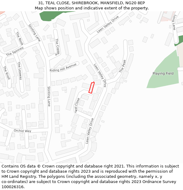 31, TEAL CLOSE, SHIREBROOK, MANSFIELD, NG20 8EP: Location map and indicative extent of plot