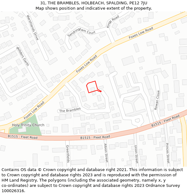 31, THE BRAMBLES, HOLBEACH, SPALDING, PE12 7JU: Location map and indicative extent of plot