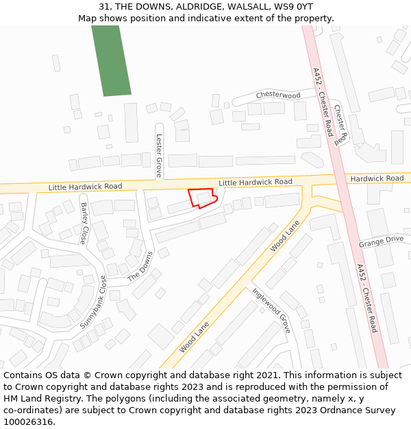 31, THE DOWNS, ALDRIDGE, WALSALL, WS9 0YT: Location map and indicative extent of plot