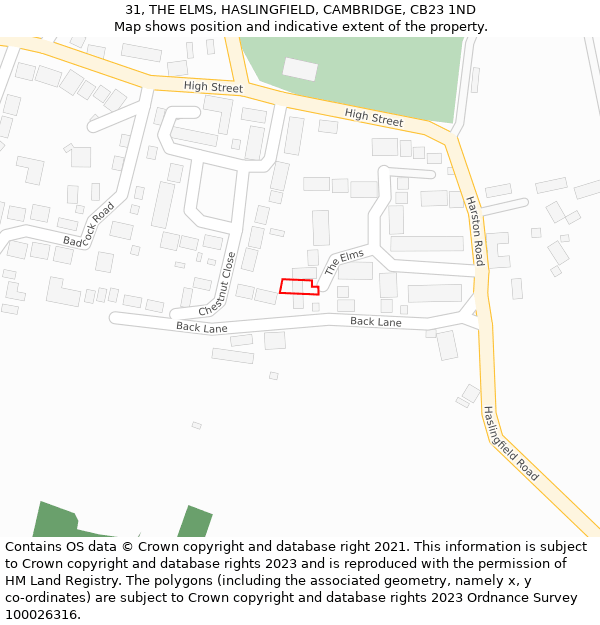 31, THE ELMS, HASLINGFIELD, CAMBRIDGE, CB23 1ND: Location map and indicative extent of plot