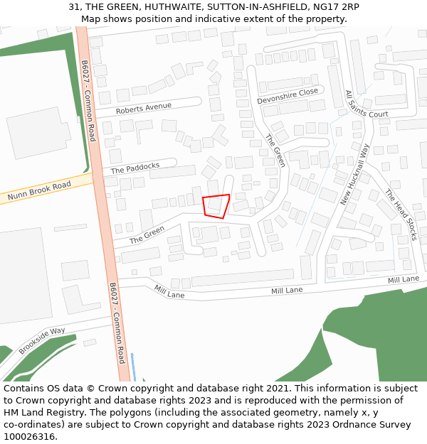 31, THE GREEN, HUTHWAITE, SUTTON-IN-ASHFIELD, NG17 2RP: Location map and indicative extent of plot