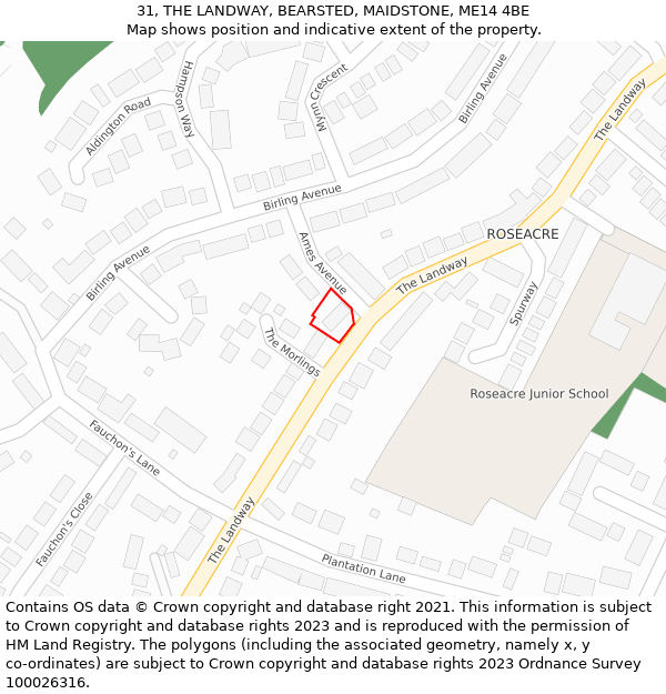 31, THE LANDWAY, BEARSTED, MAIDSTONE, ME14 4BE: Location map and indicative extent of plot