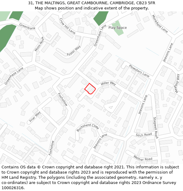 31, THE MALTINGS, GREAT CAMBOURNE, CAMBRIDGE, CB23 5FR: Location map and indicative extent of plot