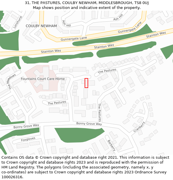 31, THE PASTURES, COULBY NEWHAM, MIDDLESBROUGH, TS8 0UJ: Location map and indicative extent of plot