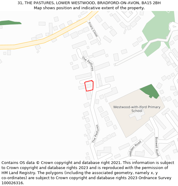31, THE PASTURES, LOWER WESTWOOD, BRADFORD-ON-AVON, BA15 2BH: Location map and indicative extent of plot