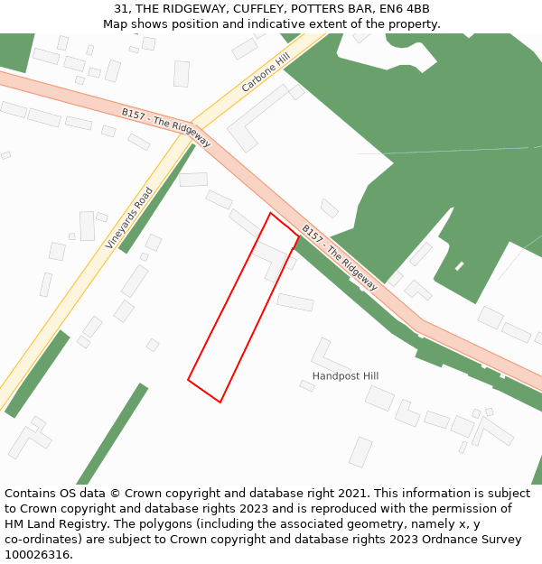 31, THE RIDGEWAY, CUFFLEY, POTTERS BAR, EN6 4BB: Location map and indicative extent of plot