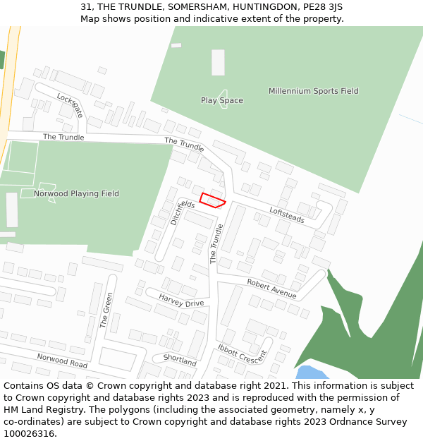 31, THE TRUNDLE, SOMERSHAM, HUNTINGDON, PE28 3JS: Location map and indicative extent of plot