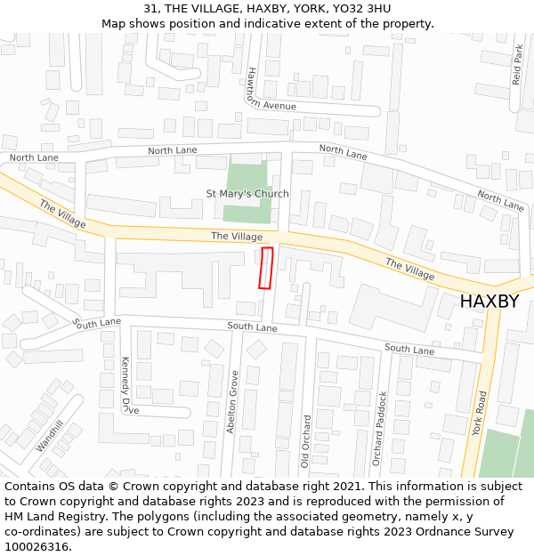 31, THE VILLAGE, HAXBY, YORK, YO32 3HU: Location map and indicative extent of plot