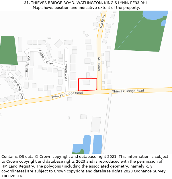 31, THIEVES BRIDGE ROAD, WATLINGTON, KING'S LYNN, PE33 0HL: Location map and indicative extent of plot