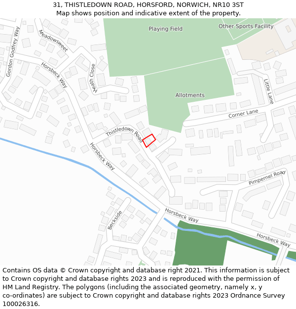 31, THISTLEDOWN ROAD, HORSFORD, NORWICH, NR10 3ST: Location map and indicative extent of plot