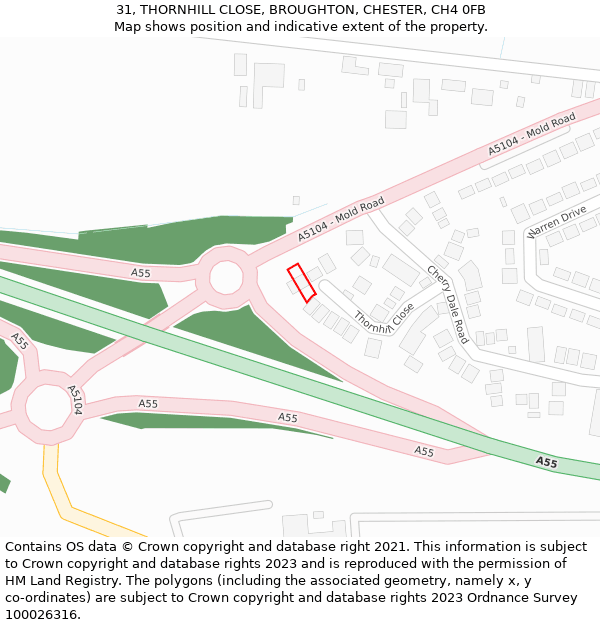 31, THORNHILL CLOSE, BROUGHTON, CHESTER, CH4 0FB: Location map and indicative extent of plot