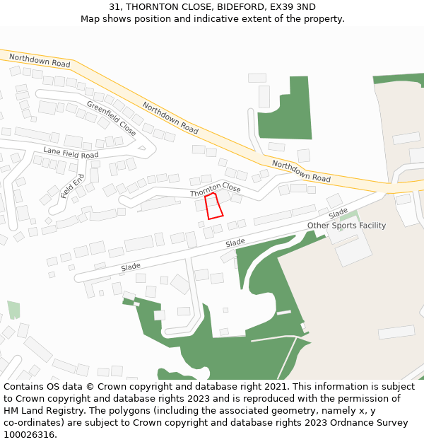 31, THORNTON CLOSE, BIDEFORD, EX39 3ND: Location map and indicative extent of plot