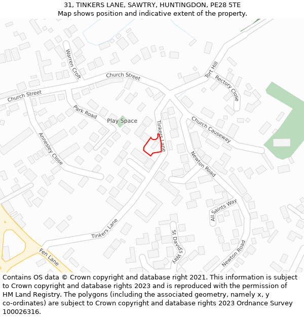 31, TINKERS LANE, SAWTRY, HUNTINGDON, PE28 5TE: Location map and indicative extent of plot