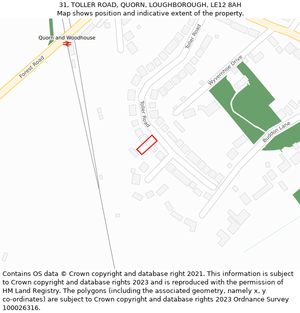 31, TOLLER ROAD, QUORN, LOUGHBOROUGH, LE12 8AH: Location map and indicative extent of plot