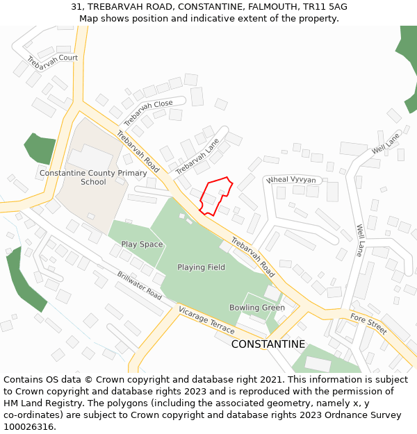 31, TREBARVAH ROAD, CONSTANTINE, FALMOUTH, TR11 5AG: Location map and indicative extent of plot