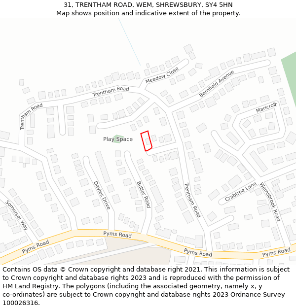 31, TRENTHAM ROAD, WEM, SHREWSBURY, SY4 5HN: Location map and indicative extent of plot