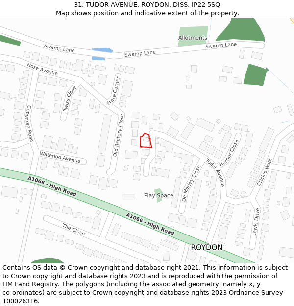 31, TUDOR AVENUE, ROYDON, DISS, IP22 5SQ: Location map and indicative extent of plot