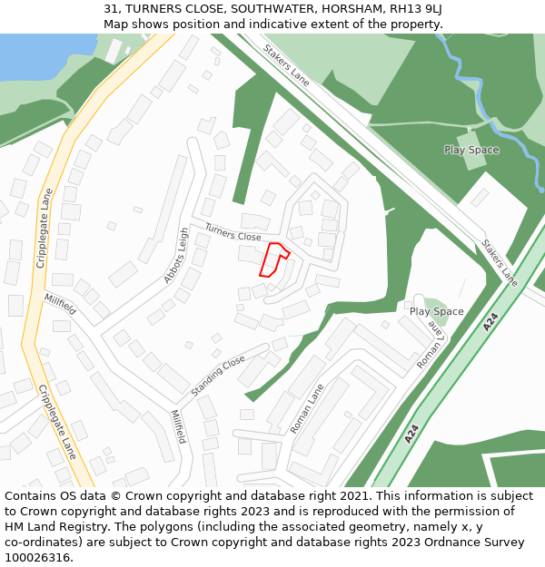 31, TURNERS CLOSE, SOUTHWATER, HORSHAM, RH13 9LJ: Location map and indicative extent of plot