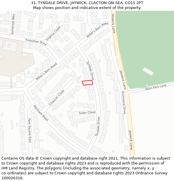 31, TYNDALE DRIVE, JAYWICK, CLACTON-ON-SEA, CO15 2PT: Location map and indicative extent of plot