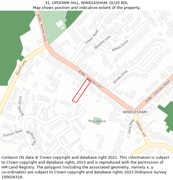 31, UPDOWN HILL, WINDLESHAM, GU20 6DL: Location map and indicative extent of plot