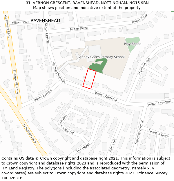 31, VERNON CRESCENT, RAVENSHEAD, NOTTINGHAM, NG15 9BN: Location map and indicative extent of plot