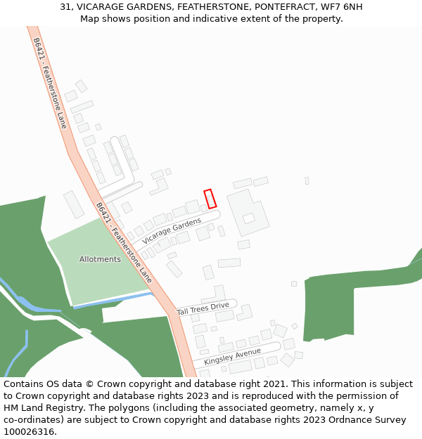 31, VICARAGE GARDENS, FEATHERSTONE, PONTEFRACT, WF7 6NH: Location map and indicative extent of plot