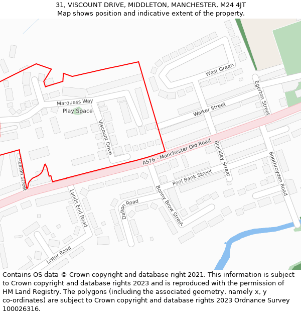 31, VISCOUNT DRIVE, MIDDLETON, MANCHESTER, M24 4JT: Location map and indicative extent of plot