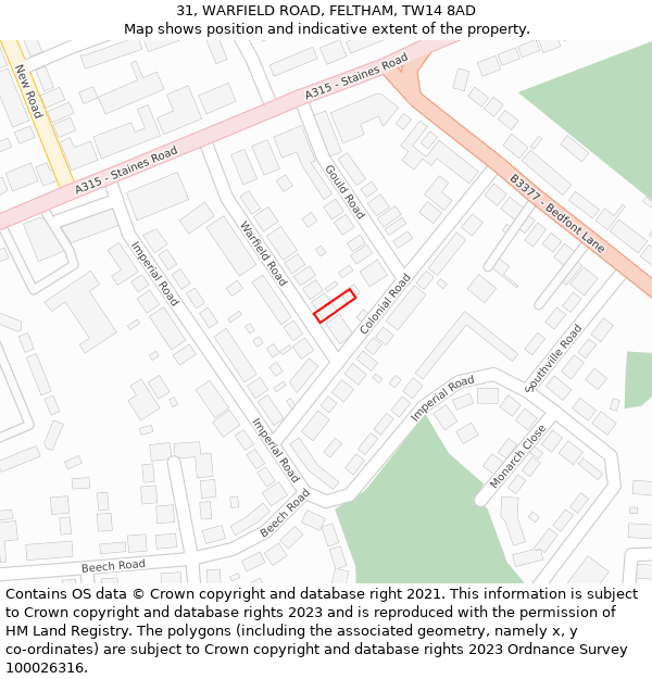 31, WARFIELD ROAD, FELTHAM, TW14 8AD: Location map and indicative extent of plot