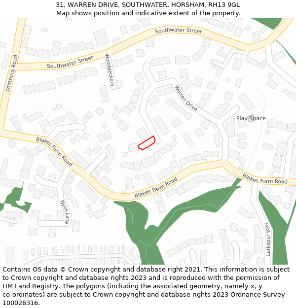 31, WARREN DRIVE, SOUTHWATER, HORSHAM, RH13 9GL: Location map and indicative extent of plot