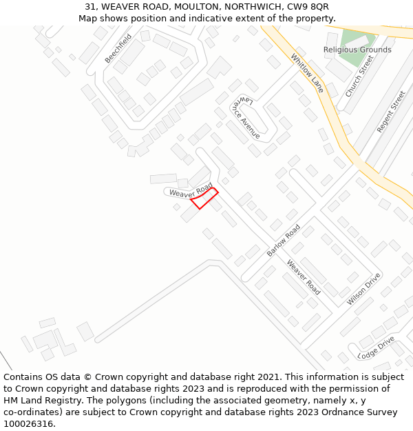 31, WEAVER ROAD, MOULTON, NORTHWICH, CW9 8QR: Location map and indicative extent of plot