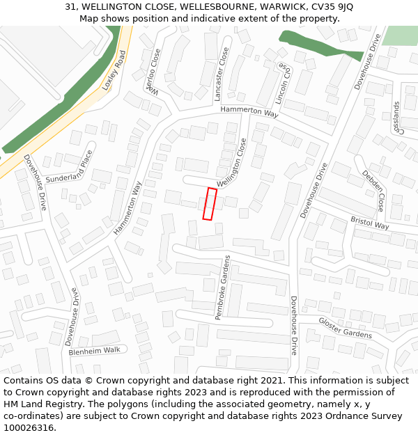 31, WELLINGTON CLOSE, WELLESBOURNE, WARWICK, CV35 9JQ: Location map and indicative extent of plot