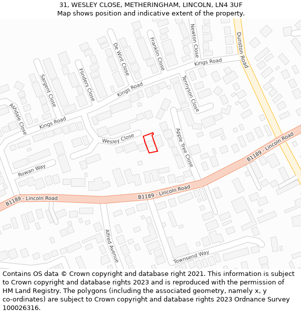 31, WESLEY CLOSE, METHERINGHAM, LINCOLN, LN4 3UF: Location map and indicative extent of plot