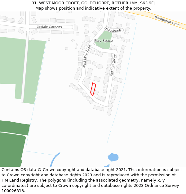 31, WEST MOOR CROFT, GOLDTHORPE, ROTHERHAM, S63 9FJ: Location map and indicative extent of plot