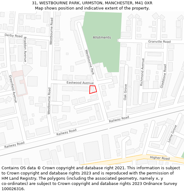 31, WESTBOURNE PARK, URMSTON, MANCHESTER, M41 0XR: Location map and indicative extent of plot