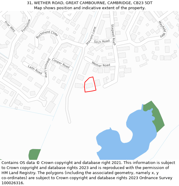 31, WETHER ROAD, GREAT CAMBOURNE, CAMBRIDGE, CB23 5DT: Location map and indicative extent of plot