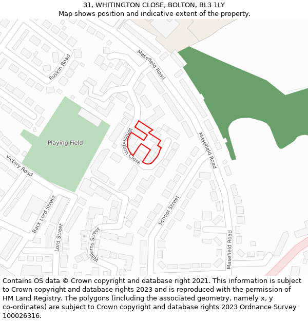 31, WHITINGTON CLOSE, BOLTON, BL3 1LY: Location map and indicative extent of plot