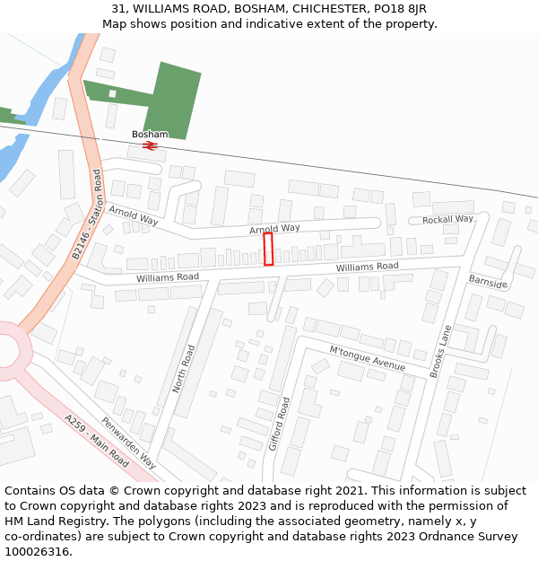 31, WILLIAMS ROAD, BOSHAM, CHICHESTER, PO18 8JR: Location map and indicative extent of plot