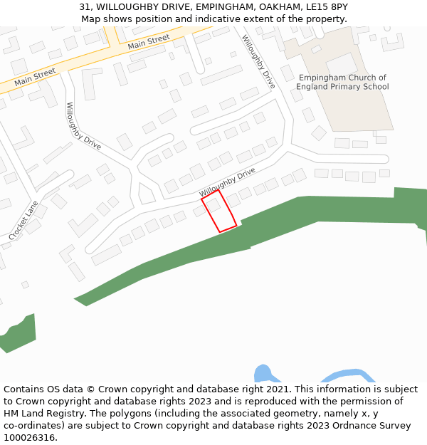 31, WILLOUGHBY DRIVE, EMPINGHAM, OAKHAM, LE15 8PY: Location map and indicative extent of plot