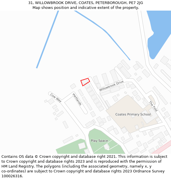 31, WILLOWBROOK DRIVE, COATES, PETERBOROUGH, PE7 2JG: Location map and indicative extent of plot