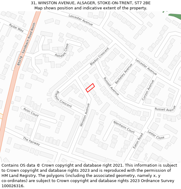 31, WINSTON AVENUE, ALSAGER, STOKE-ON-TRENT, ST7 2BE: Location map and indicative extent of plot