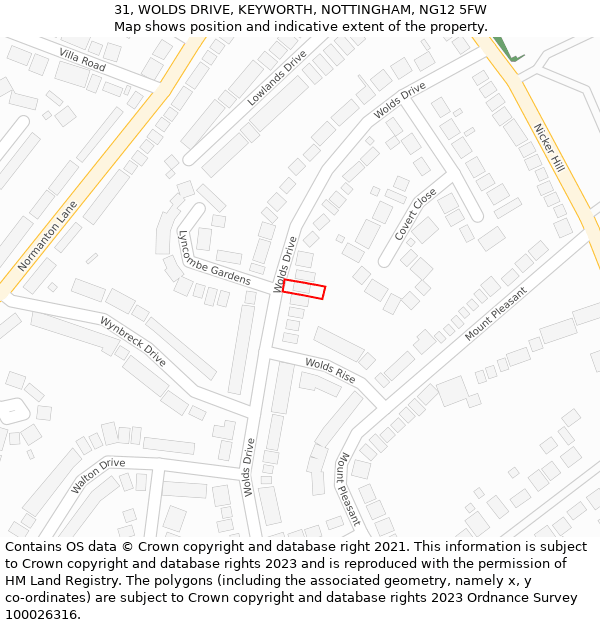 31, WOLDS DRIVE, KEYWORTH, NOTTINGHAM, NG12 5FW: Location map and indicative extent of plot