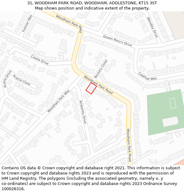 31, WOODHAM PARK ROAD, WOODHAM, ADDLESTONE, KT15 3ST: Location map and indicative extent of plot